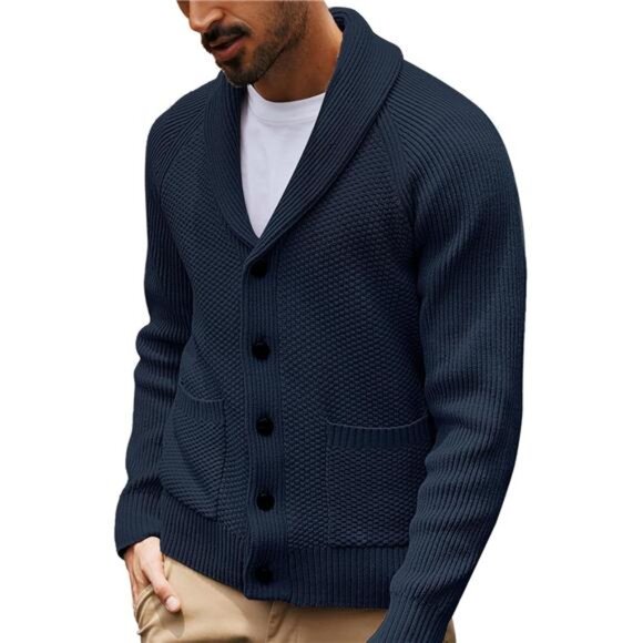 Mens Shawl Collar Cardigan Sweater Knit Button Down Textured Long Sleeve Winter - Picture 1 of 5